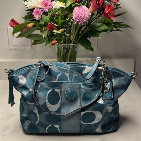 Coach Handbags - Coach Teal Metallic Silver Logo Jacquard Gallery Tote Bag Purse F20426